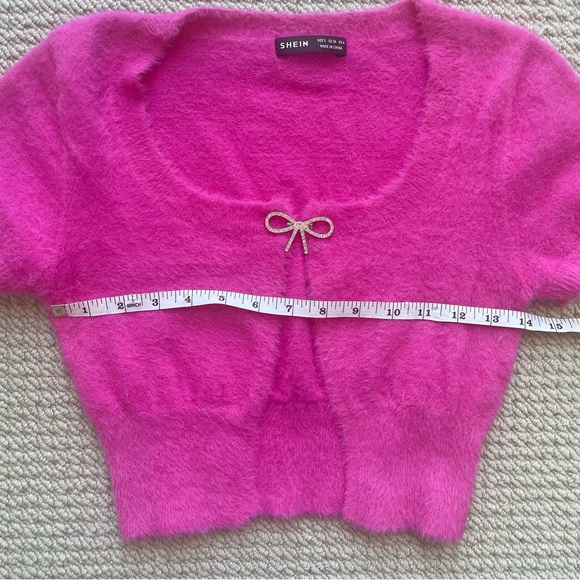 Shein Fuzzy Pink Cropped Cardigan with Diamond Bow Size S - Picture 6 of 10